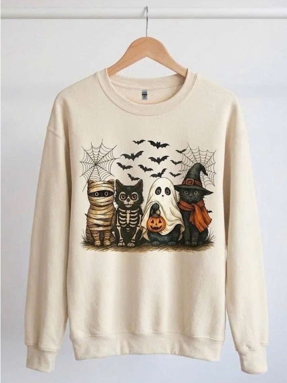 Halloween Black Cats Crewneck Sweatshirt Mummy Ghost Skeleton Sand Fall Pullover
